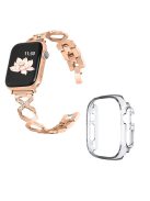 For Apple Watch Ultra 49mm Rhinestone Decor Watch Band X-shaped Stainless Steel Bracelet with Transparent Watch Bumper Frame - Rose Gold