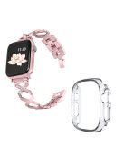 For Apple Watch Ultra 49mm Rhinestone Decor Watch Band X-shaped Stainless Steel Bracelet with Transparent Watch Bumper Frame - Rose Pink