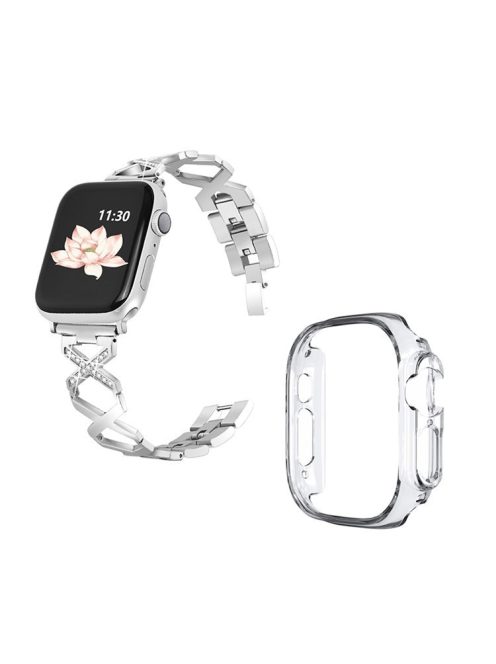 For Apple Watch Ultra 49mm Rhinestone Decor Watch Band X-shaped Stainless Steel Bracelet with Transparent Watch Bumper Frame - Silver