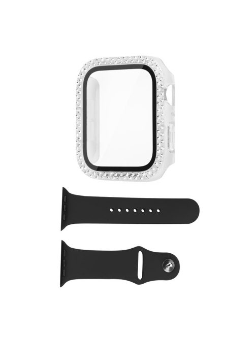 For Apple Watch Ultra 49mm Rhinestones Decor PC Watch Case Protective Frame with Tempered Glass Film + Black Silicone Band - Transparent