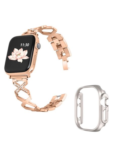 For Apple Watch Ultra 49mm Stainless Steel Watch Band Rhinestone Decor X-shaped Strap Replacement with Hollow Starlight Color PC Watch Case - Rose Gold