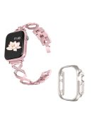 For Apple Watch Ultra 49mm Stainless Steel Watch Band Rhinestone Decor X-shaped Strap Replacement with Hollow Starlight Color PC Watch Case - Rose Pink