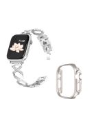 For Apple Watch Ultra 49mm Stainless Steel Watch Band Rhinestone Decor X-shaped Strap Replacement with Hollow Starlight Color PC Watch Case - Silver