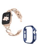 For Apple Watch Ultra 49mm Stainless Steel X-shaped Watch Band Rhinestone Decor Bracelet Wristband with Hollow Midnight Blue PC Watch Cover - Gold