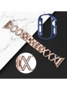 For Apple Watch Ultra 49mm Stainless Steel X-shaped Watch Band Rhinestone Decor Bracelet Wristband with Hollow Midnight Blue PC Watch Cover - Gold