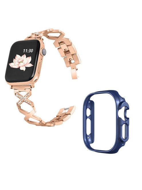 For Apple Watch Ultra 49mm Stainless Steel X-shaped Watch Band Rhinestone Decor Bracelet Wristband with Hollow Midnight Blue PC Watch Cover - Rose Gold