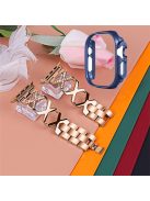 For Apple Watch Ultra 49mm Stainless Steel X-shaped Watch Band Rhinestone Decor Bracelet Wristband with Hollow Midnight Blue PC Watch Cover - Rose Gold