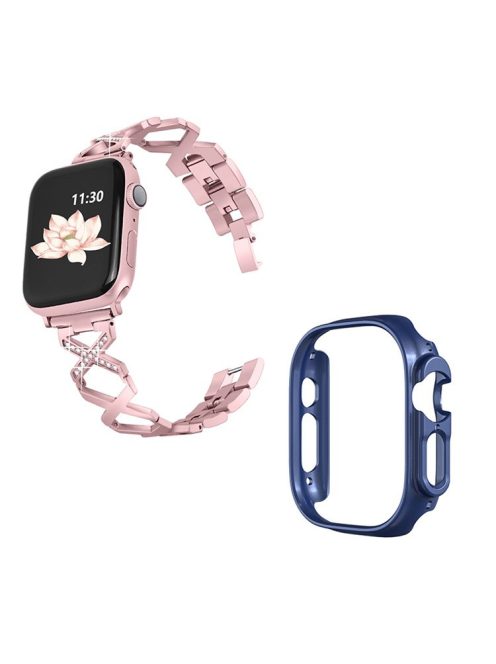 For Apple Watch Ultra 49mm Stainless Steel X-shaped Watch Band Rhinestone Decor Bracelet Wristband with Hollow Midnight Blue PC Watch Cover - Rose Pink