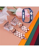 For Apple Watch Ultra 49mm Stainless Steel X-shaped Watch Band Rhinestone Decor Bracelet Wristband with Hollow Midnight Blue PC Watch Cover - Rose Pink