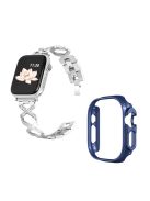 For Apple Watch Ultra 49mm Stainless Steel X-shaped Watch Band Rhinestone Decor Bracelet Wristband with Hollow Midnight Blue PC Watch Cover - Silver