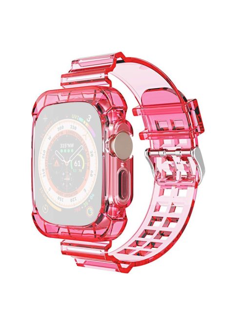 For Apple Watch Ultra 49mm Two Row Holes TPU Smart Watch Band Replacement Wrist Strap Integrated with Watch Case - Transparent Rose Red