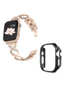 For Apple Watch Ultra 49mm X-shaped Rhinestone Decor Watch Band Stainless Steel Bracelet Strap Wristband Replacement with Black PC Watch Cover Frame - Gold