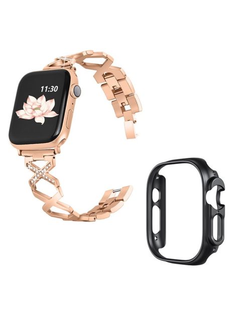 For Apple Watch Ultra 49mm X-shaped Rhinestone Decor Watch Band Stainless Steel Bracelet Strap Wristband Replacement with Black PC Watch Cover Frame - Rose Gold