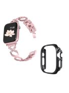 For Apple Watch Ultra 49mm X-shaped Rhinestone Decor Watch Band Stainless Steel Bracelet Strap Wristband Replacement with Black PC Watch Cover Frame - Rose Pink