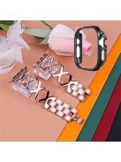 For Apple Watch Ultra 49mm X-shaped Rhinestone Decor Watch Band Stainless Steel Bracelet Strap Wristband Replacement with Black PC Watch Cover Frame - Rose Pink