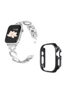 For Apple Watch Ultra 49mm X-shaped Rhinestone Decor Watch Band Stainless Steel Bracelet Strap Wristband Replacement with Black PC Watch Cover Frame - Silver