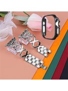 For Apple Watch Ultra 49mm X-shaped Rhinestone Decor Watch Band Stainless Steel Bracelet Strap Wristband Replacement with Black PC Watch Cover Frame - Silver