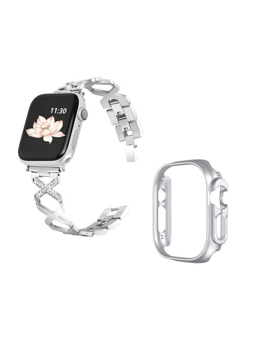 For Apple Watch Ultra 49mm X-shaped Stainless Steel Watch Band Rhinestone Decor Replacement Strap with Silver PC Watch Cover Frame - Silver