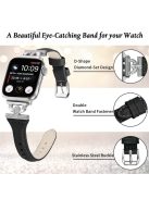 Genuine Cow Leather Watch Band for Apple Watch Series 10 42mm / 9 8 7 41mm / SE (2023) SE (2022) SE 6 5 4 40mm / 3 2 1 38mm Silver Buckle Rhinestone Decor Strap - Black