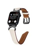 Genuine Cowhide Leather Band for Apple Watch Series 10 42mm / 9 8 7 41mm / SE (2023) SE (2022) SE 6 5 4 40mm / 3 2 1 38mm Rhinestone Decor Watch Strap with Black Buckle - Apricot