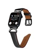 Genuine Cowhide Leather Band for Apple Watch Series 10 42mm / 9 8 7 41mm / SE (2023) SE (2022) SE 6 5 4 40mm / 3 2 1 38mm Rhinestone Decor Watch Strap with Black Buckle - Black