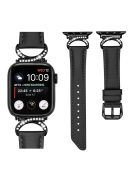 Genuine Cowhide Leather Band for Apple Watch Series 10 42mm / 9 8 7 41mm / SE (2023) SE (2022) SE 6 5 4 40mm / 3 2 1 38mm Rhinestone Decor Watch Strap with Black Buckle - Black