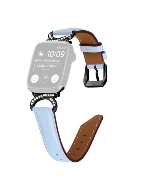 Genuine Cowhide Leather Band for Apple Watch Series 10 42mm / 9 8 7 41mm / SE (2023) SE (2022) SE 6 5 4 40mm / 3 2 1 38mm Rhinestone Decor Watch Strap with Black Buckle - Blue