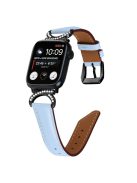 Genuine Cowhide Leather Band for Apple Watch Series 10 42mm / 9 8 7 41mm / SE (2023) SE (2022) SE 6 5 4 40mm / 3 2 1 38mm Rhinestone Decor Watch Strap with Black Buckle - Blue