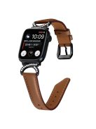 Genuine Cowhide Leather Band for Apple Watch Series 10 42mm / 9 8 7 41mm / SE (2023) SE (2022) SE 6 5 4 40mm / 3 2 1 38mm Rhinestone Decor Watch Strap with Black Buckle - Brown