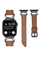 Genuine Cowhide Leather Band for Apple Watch Series 10 42mm / 9 8 7 41mm / SE (2023) SE (2022) SE 6 5 4 40mm / 3 2 1 38mm Rhinestone Decor Watch Strap with Black Buckle - Brown