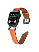 Genuine Cowhide Leather Band for Apple Watch Series 10 42mm / 9 8 7 41mm / SE (2023) SE (2022) SE 6 5 4 40mm / 3 2 1 38mm Rhinestone Decor Watch Strap with Black Buckle - Orange