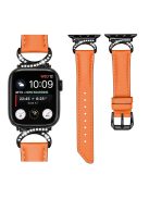 Genuine Cowhide Leather Band for Apple Watch Series 10 42mm / 9 8 7 41mm / SE (2023) SE (2022) SE 6 5 4 40mm / 3 2 1 38mm Rhinestone Decor Watch Strap with Black Buckle - Orange