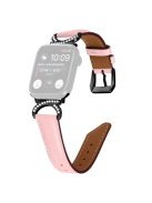 Genuine Cowhide Leather Band for Apple Watch Series 10 42mm / 9 8 7 41mm / SE (2023) SE (2022) SE 6 5 4 40mm / 3 2 1 38mm Rhinestone Decor Watch Strap with Black Buckle - Pink