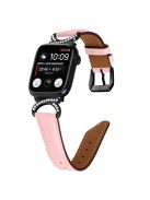 Genuine Cowhide Leather Band for Apple Watch Series 10 42mm / 9 8 7 41mm / SE (2023) SE (2022) SE 6 5 4 40mm / 3 2 1 38mm Rhinestone Decor Watch Strap with Black Buckle - Pink