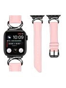 Genuine Cowhide Leather Band for Apple Watch Series 10 42mm / 9 8 7 41mm / SE (2023) SE (2022) SE 6 5 4 40mm / 3 2 1 38mm Rhinestone Decor Watch Strap with Black Buckle - Pink