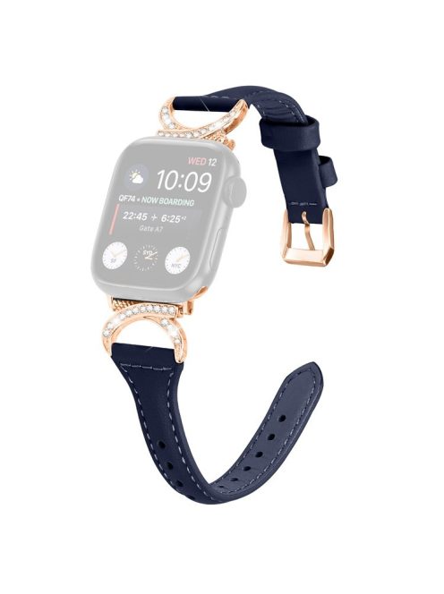 Genuine Cowhide Leather Band for Apple Watch Series 10 42mm / 9 8 7 41mm / SE (2023) SE (2022) SE 6 5 4 40mm / 3 2 1 38mm Rhinestone Strap with Rose Gold Buckle - Ink Blue