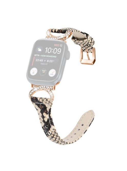 Genuine Cowhide Leather Band for Apple Watch Series 10 42mm / 9 8 7 41mm / SE (2023) SE (2022) SE 6 5 4 40mm / 3 2 1 38mm Rhinestone Strap with Rose Gold Buckle - Snake Pattern