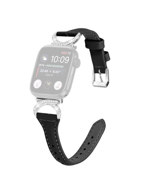 Genuine Cowhide Leather Strap for Apple Watch Series 10 46mm / Ultra 2 Ultra 49mm /  Series 9 8 7 45mm / 6 5 4 SE (2023) SE (2022) SE 44mm / 3 2 1 42mm Watch Band with Silver Buckle - Black