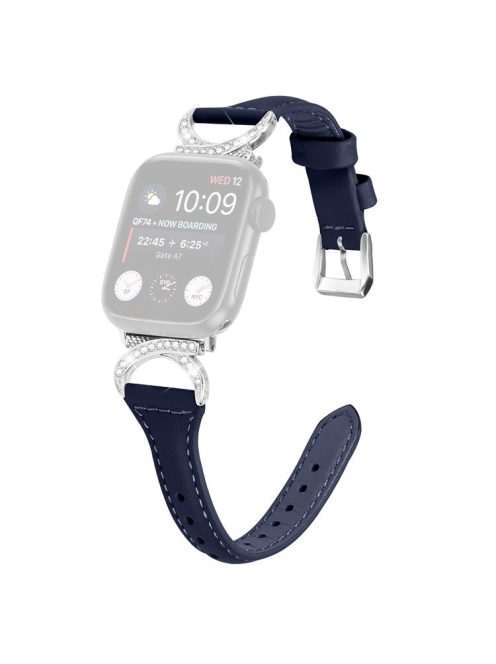 Genuine Cowhide Leather Strap for Apple Watch Series 10 46mm / Ultra 2 Ultra 49mm /  Series 9 8 7 45mm / 6 5 4 SE (2023) SE (2022) SE 44mm / 3 2 1 42mm Watch Band with Silver Buckle - Ink Blue