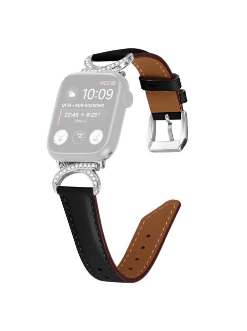 Genuine Cowhide Leather Watch Band for Apple Watch Series 10 42mm / 9 8 7 41mm / SE (2023) SE (2022) SE 6 5 4 40mm / 3 2 1 38mm  Rhinestone Decor Strap Bracelet Strap with Silver Buckle - Black