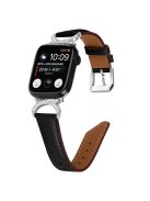 Genuine Cowhide Leather Watch Band for Apple Watch Series 10 42mm / 9 8 7 41mm / SE (2023) SE (2022) SE 6 5 4 40mm / 3 2 1 38mm  Rhinestone Decor Strap Bracelet Strap with Silver Buckle - Black