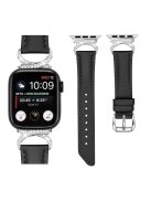 Genuine Cowhide Leather Watch Band for Apple Watch Series 10 42mm / 9 8 7 41mm / SE (2023) SE (2022) SE 6 5 4 40mm / 3 2 1 38mm  Rhinestone Decor Strap Bracelet Strap with Silver Buckle - Black