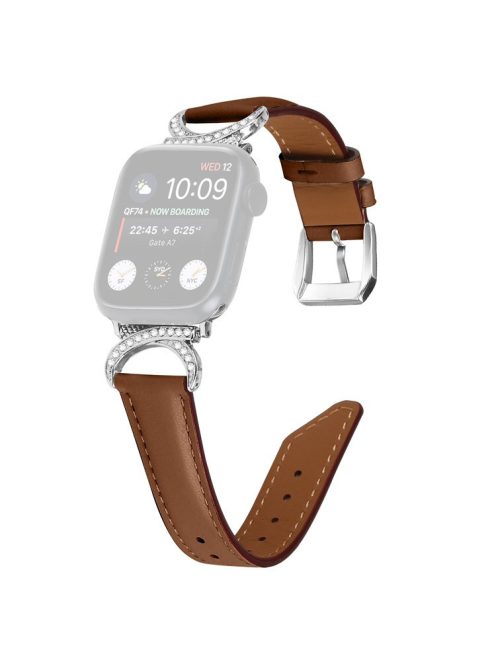 Genuine Cowhide Leather Watch Band for Apple Watch Series 10 42mm / 9 8 7 41mm / SE (2023) SE (2022) SE 6 5 4 40mm / 3 2 1 38mm  Rhinestone Decor Strap Bracelet Strap with Silver Buckle - Brown