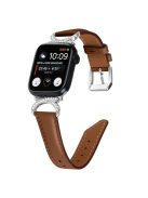 Genuine Cowhide Leather Watch Band for Apple Watch Series 10 42mm / 9 8 7 41mm / SE (2023) SE (2022) SE 6 5 4 40mm / 3 2 1 38mm  Rhinestone Decor Strap Bracelet Strap with Silver Buckle - Brown