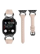 Genuine Cowhide Leather Watch Band for Apple Watch Series 10 42mm / 9 8 7 41mm / SE (2023) SE (2022) SE 6 5 4 40mm / 3 2 1 38mm Rhinestone Decor Strap with Black Buckle - Apricot