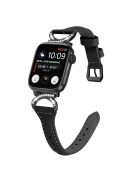 Genuine Cowhide Leather Watch Band for Apple Watch Series 10 42mm / 9 8 7 41mm / SE (2023) SE (2022) SE 6 5 4 40mm / 3 2 1 38mm Rhinestone Decor Strap with Black Buckle - Black