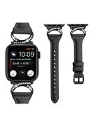 Genuine Cowhide Leather Watch Band for Apple Watch Series 10 42mm / 9 8 7 41mm / SE (2023) SE (2022) SE 6 5 4 40mm / 3 2 1 38mm Rhinestone Decor Strap with Black Buckle - Black