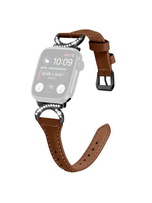 Genuine Cowhide Leather Watch Band for Apple Watch Series 10 42mm / 9 8 7 41mm / SE (2023) SE (2022) SE 6 5 4 40mm / 3 2 1 38mm Rhinestone Decor Strap with Black Buckle - Brown