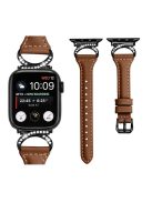 Genuine Cowhide Leather Watch Band for Apple Watch Series 10 42mm / 9 8 7 41mm / SE (2023) SE (2022) SE 6 5 4 40mm / 3 2 1 38mm Rhinestone Decor Strap with Black Buckle - Brown