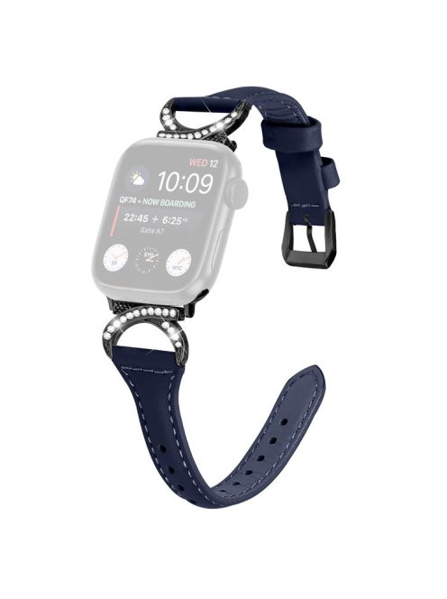 Genuine Cowhide Leather Watch Band for Apple Watch Series 10 42mm / 9 8 7 41mm / SE (2023) SE (2022) SE 6 5 4 40mm / 3 2 1 38mm Rhinestone Decor Strap with Black Buckle - Ink Blue